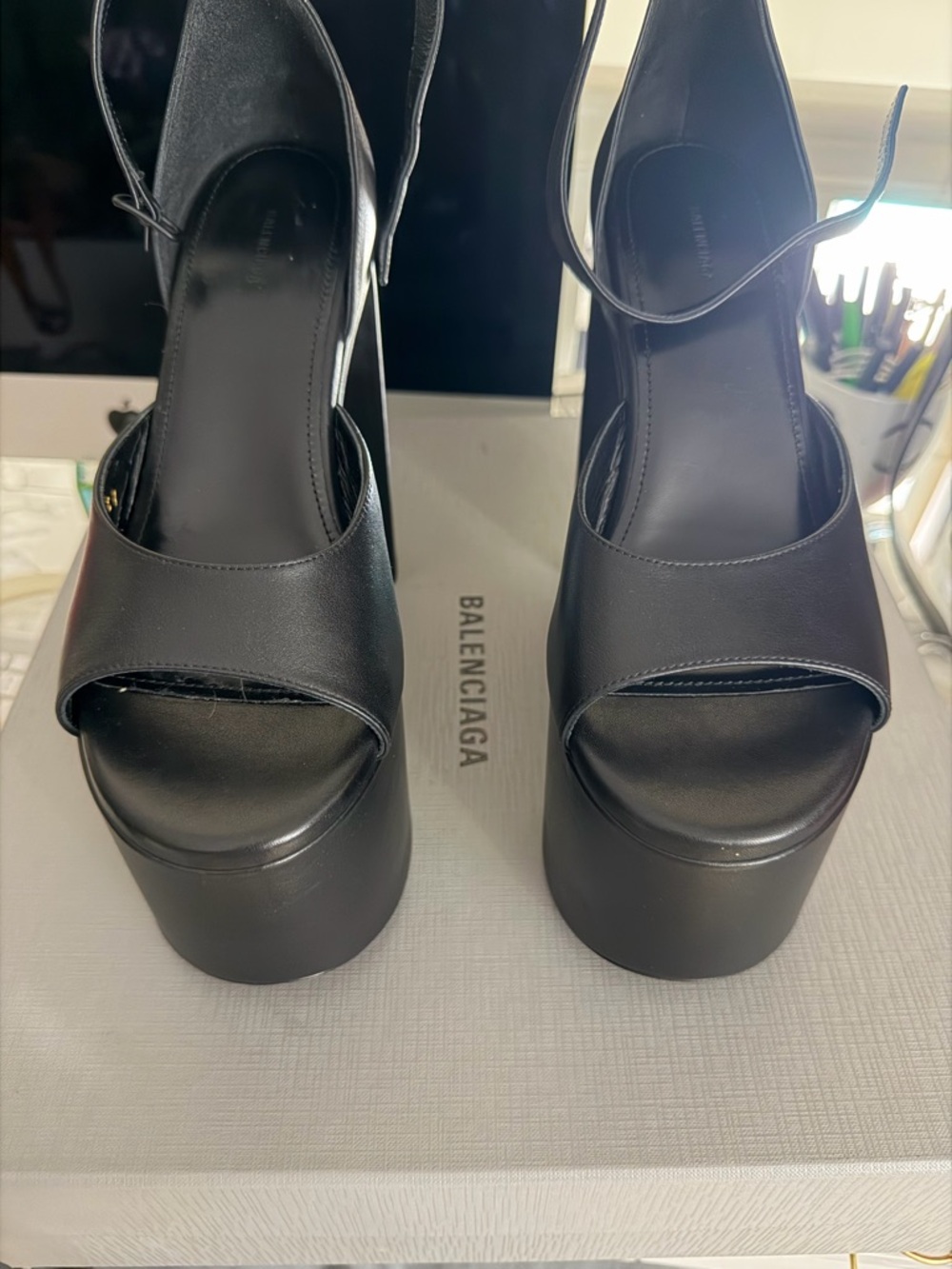 Balenciaga Black Leather High Platform Sandals with Ankle Strap -white avail too